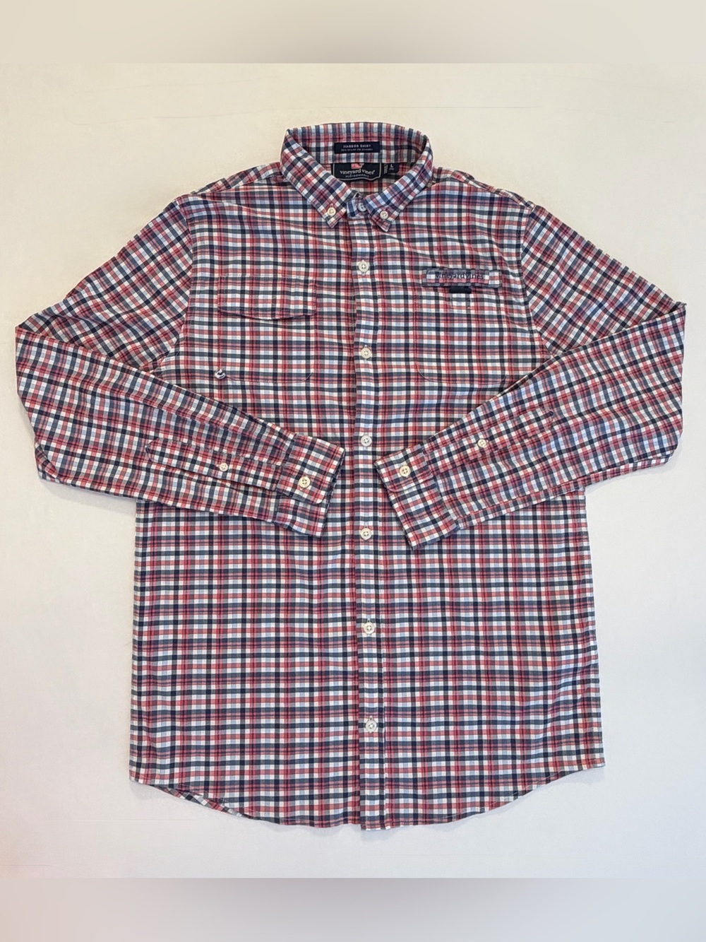 Vineyard Vines Performance Harbor Shirt Red, Blue & White Plaid Boys Size Large